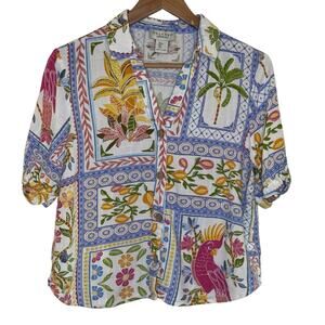 Calypso St Barth Linen Blend Palm Tree Parrot Floral Print Short Sleeve Blouse